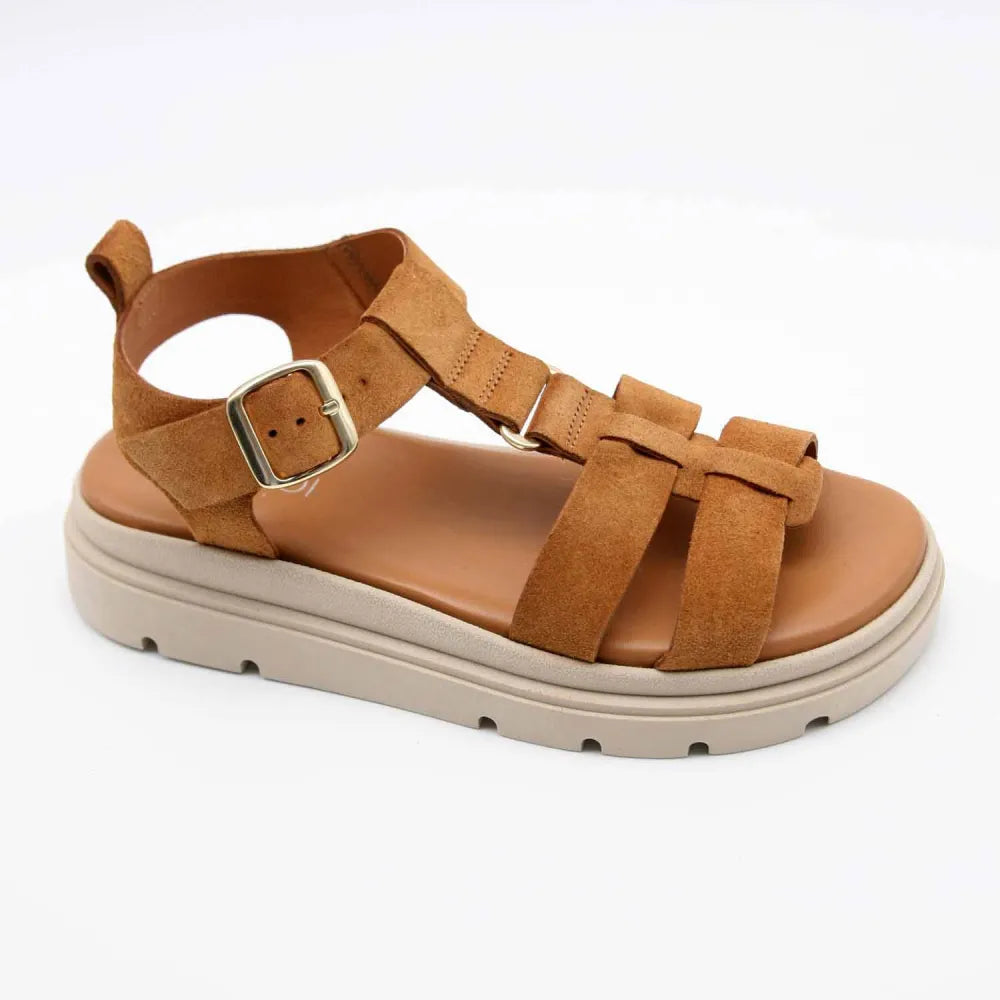 SANDALE VESUVE CUIR-VELOURS COGNAC