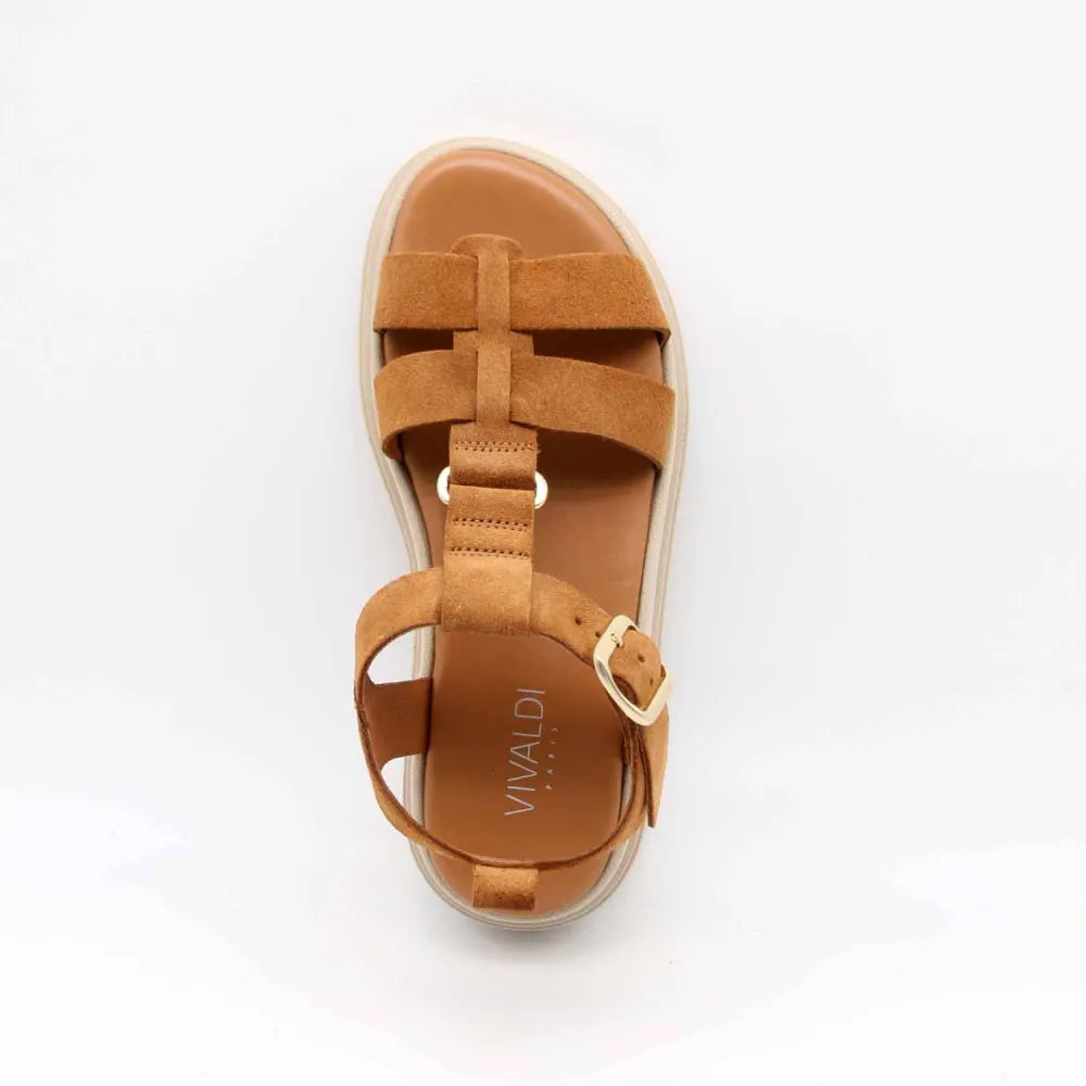 SANDALE VESUVE CUIR-VELOURS COGNAC