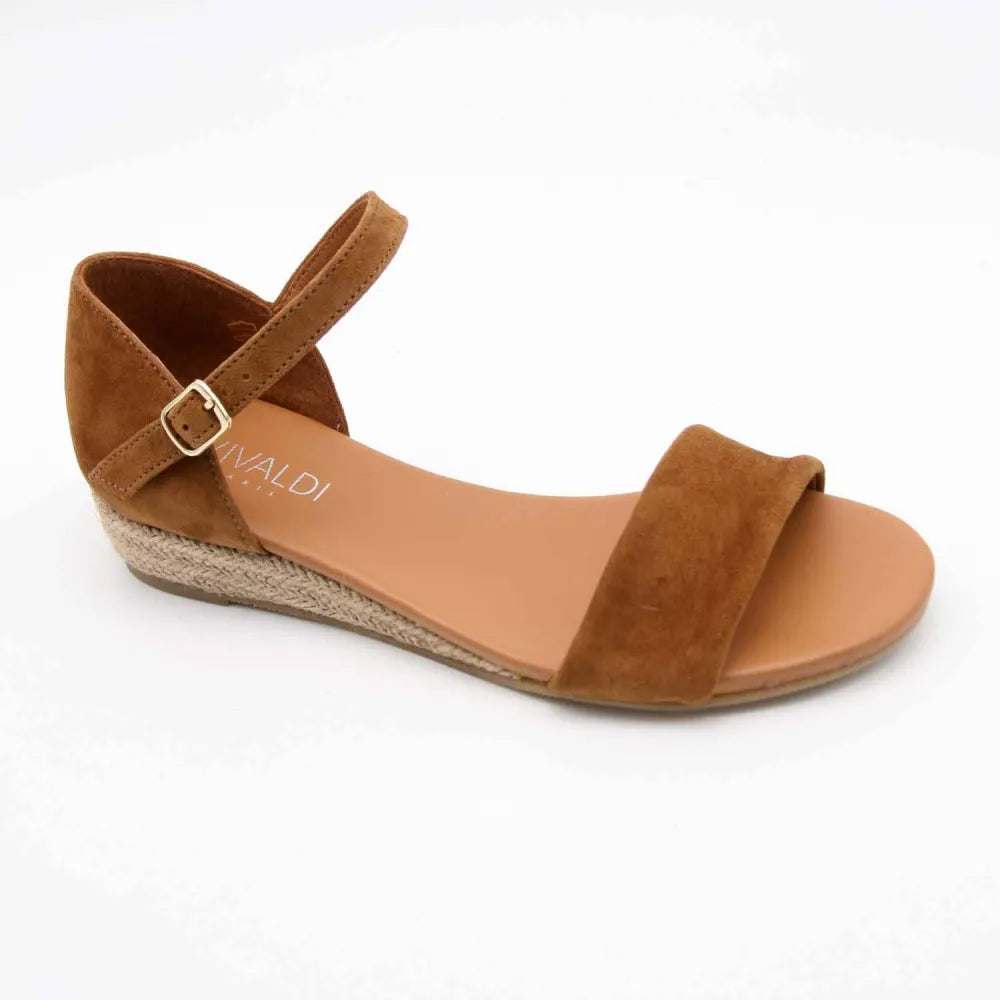 SANDALE COMPENSÉE SABRINA CUIR-VELOURS COGNAC
