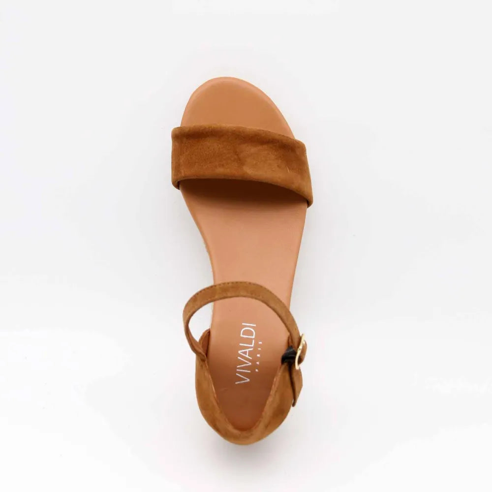 SANDALE COMPENSÉE SABRINA CUIR-VELOURS COGNAC